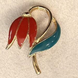 Vintage Enameled Gold Tone Red Tulip Pin  Green Leaf Cottagecore Shabby Chic